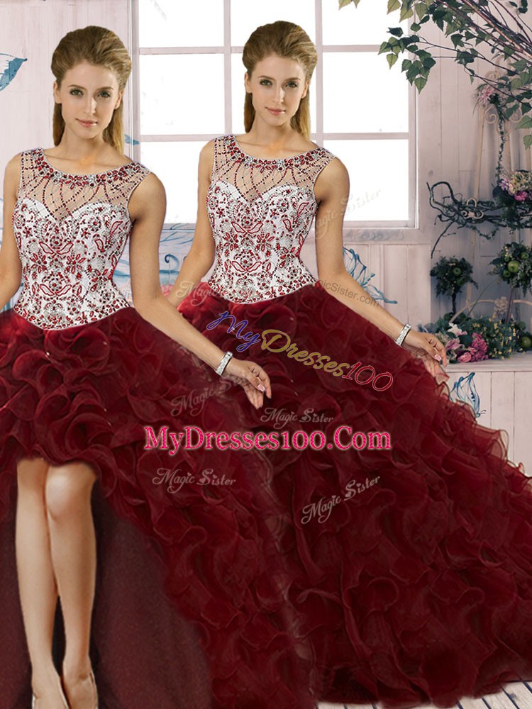 Hot Sale Burgundy Sleeveless Floor Length Beading and Ruffles Lace Up 15th Birthday Dress