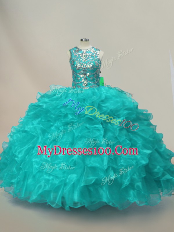 Fabulous Floor Length Ball Gowns Sleeveless Aqua Blue Quinceanera Gowns Lace Up