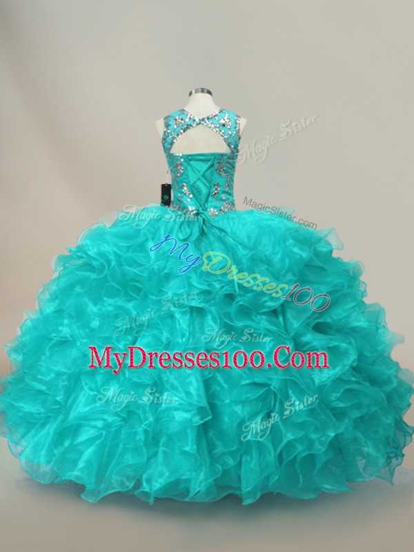 Fabulous Floor Length Ball Gowns Sleeveless Aqua Blue Quinceanera Gowns Lace Up