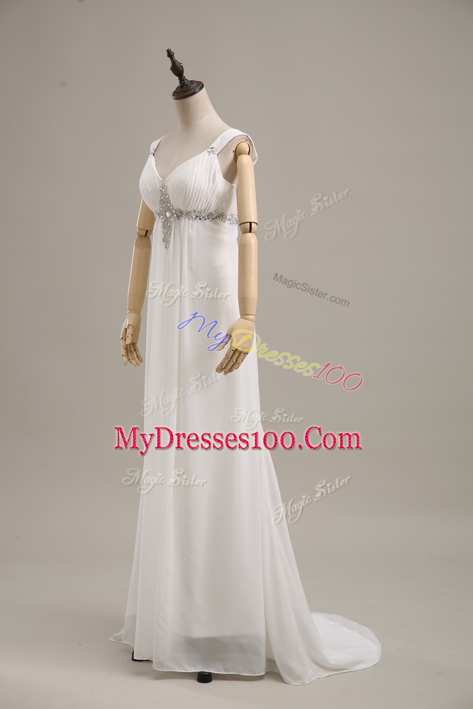 Sleeveless Beading Lace Up Prom Evening Gown with White Brush Train