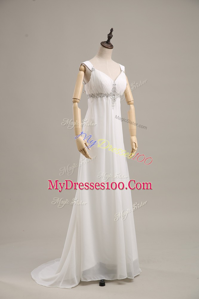 Sleeveless Beading Lace Up Prom Evening Gown with White Brush Train