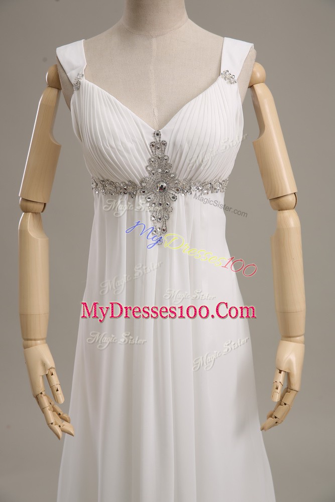 Sleeveless Beading Lace Up Prom Evening Gown with White Brush Train