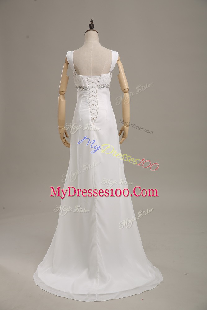 Sleeveless Beading Lace Up Prom Evening Gown with White Brush Train
