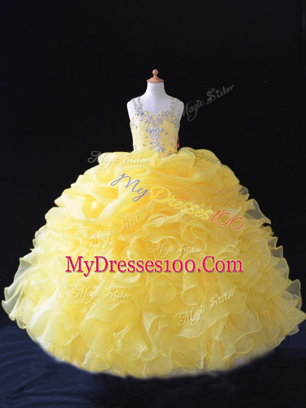Low Price Yellow Zipper Girls Pageant Dresses Beading and Ruffles and Pick Ups Sleeveless Floor Length