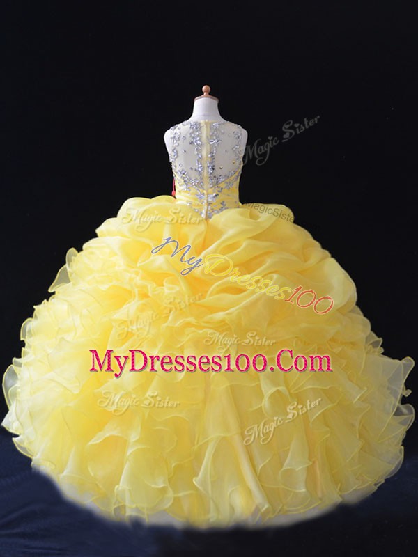 Low Price Yellow Zipper Girls Pageant Dresses Beading and Ruffles and Pick Ups Sleeveless Floor Length