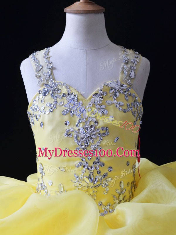 Low Price Yellow Zipper Girls Pageant Dresses Beading and Ruffles and Pick Ups Sleeveless Floor Length