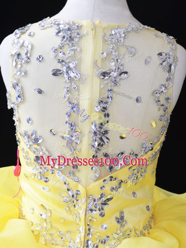 Low Price Yellow Zipper Girls Pageant Dresses Beading and Ruffles and Pick Ups Sleeveless Floor Length