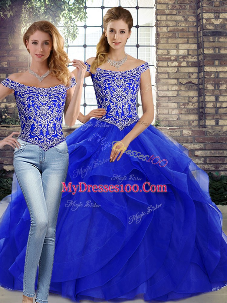 High Quality Off The Shoulder Sleeveless Brush Train Lace Up Sweet 16 Dresses Royal Blue Tulle