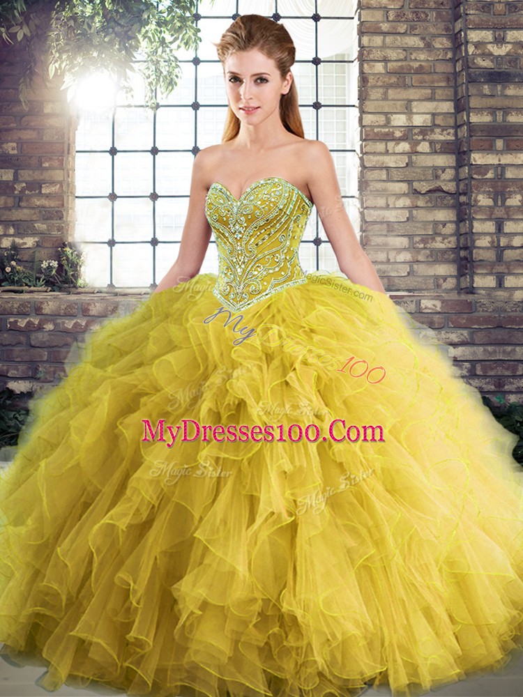 Top Selling Gold Ball Gowns Tulle Sweetheart Sleeveless Beading and Ruffles Floor Length Lace Up Sweet 16 Dress