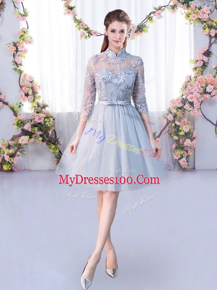 Adorable Lace and Belt Bridesmaids Dress Grey Lace Up Half Sleeves Knee Length