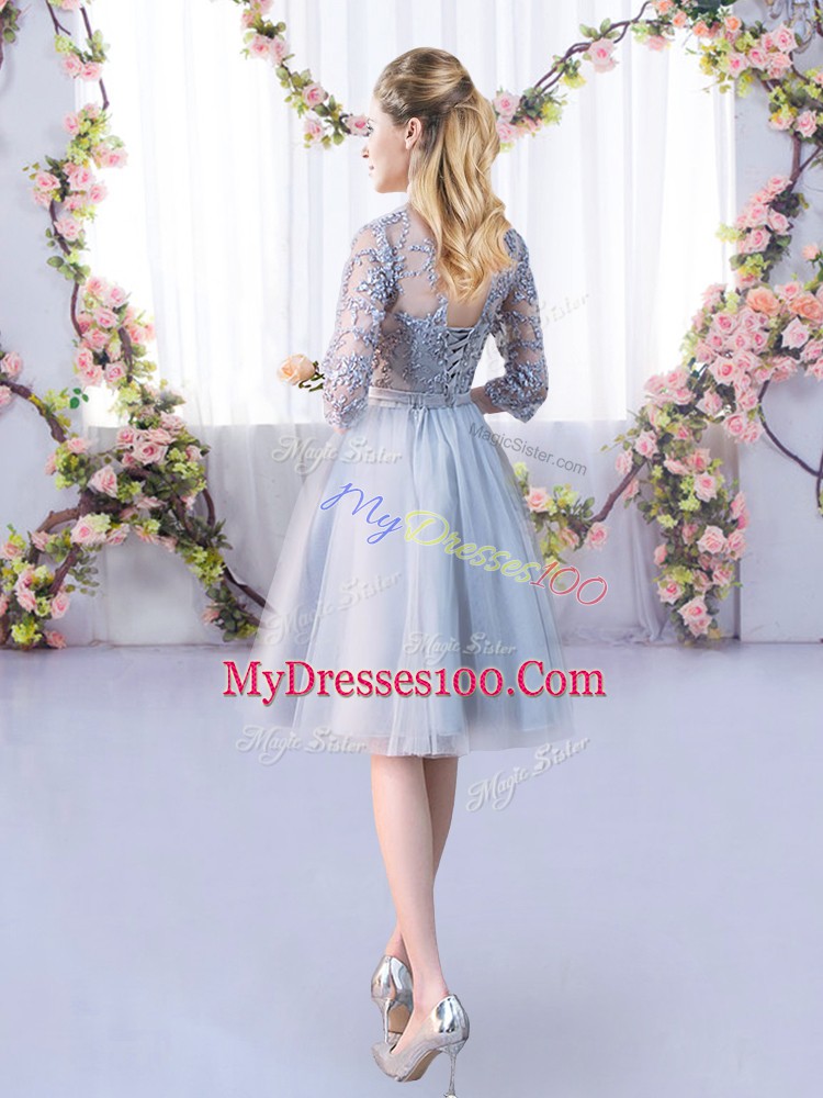 Adorable Lace and Belt Bridesmaids Dress Grey Lace Up Half Sleeves Knee Length