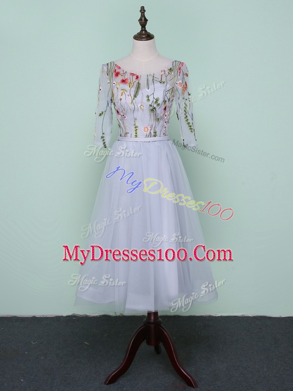 Tulle Half Sleeves Knee Length Wedding Party Dress and Embroidery