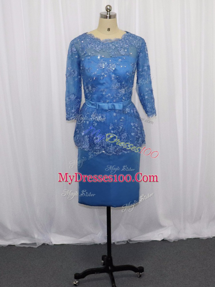 Blue Long Sleeves Mini Length Lace and Appliques Zipper Mother Of The Bride Dress