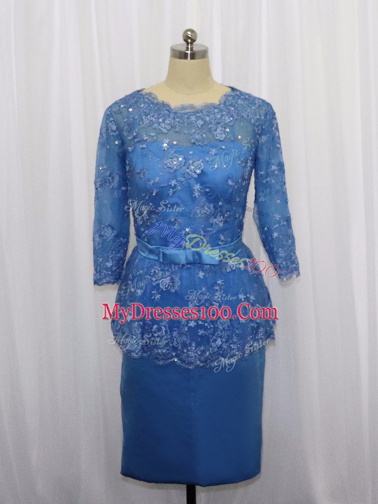 Blue Long Sleeves Mini Length Lace and Appliques Zipper Mother Of The Bride Dress