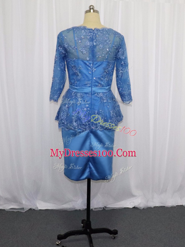 Blue Long Sleeves Mini Length Lace and Appliques Zipper Mother Of The Bride Dress