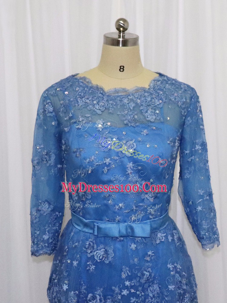 Blue Long Sleeves Mini Length Lace and Appliques Zipper Mother Of The Bride Dress