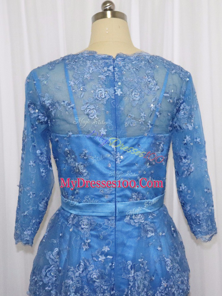Blue Long Sleeves Mini Length Lace and Appliques Zipper Mother Of The Bride Dress