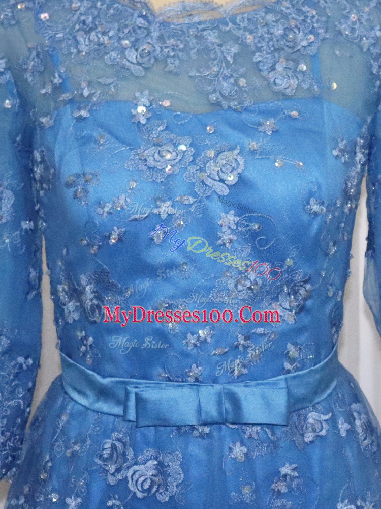 Blue Long Sleeves Mini Length Lace and Appliques Zipper Mother Of The Bride Dress