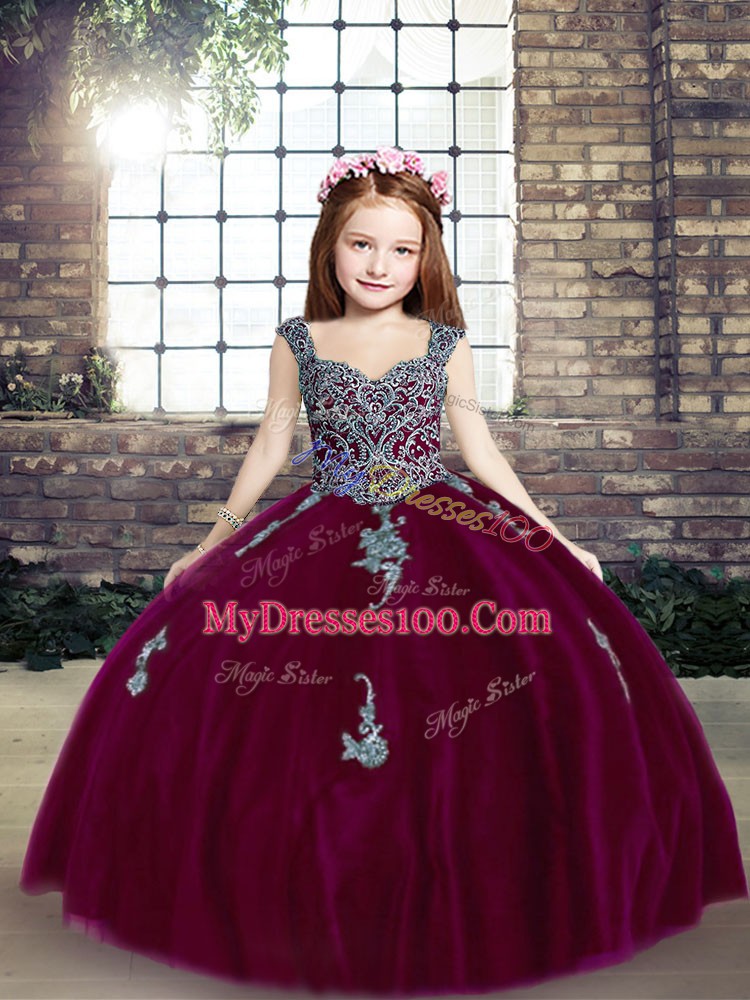Fuchsia Sleeveless Tulle Lace Up Little Girls Pageant Gowns for Party and Wedding Party