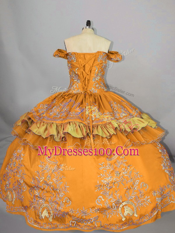 Attractive Floor Length Gold Vestidos de Quinceanera Satin Sleeveless Embroidery