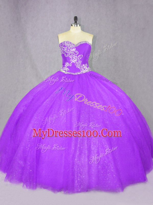 Suitable Lavender Tulle Lace Up Quinceanera Gowns Sleeveless Floor Length Beading