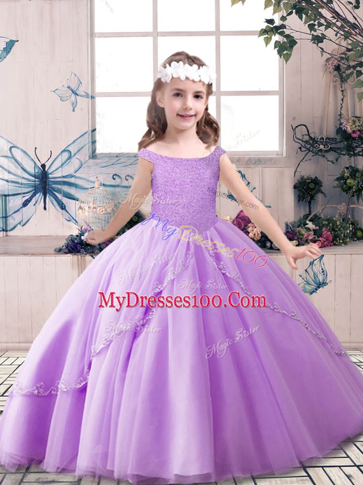 Classical Lavender Sleeveless Floor Length Beading Lace Up Little Girls Pageant Gowns
