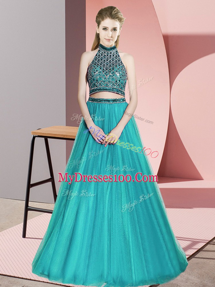 Floor Length Teal Prom Dress Tulle Sleeveless Beading