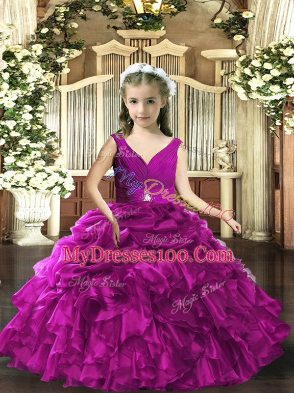 Purple Ball Gowns Organza V-neck Sleeveless Beading and Ruffles and Ruching Floor Length Backless Kids Formal Wear