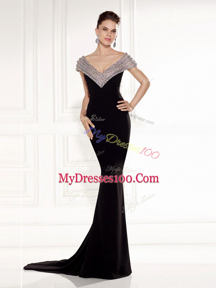 Brush Train Mermaid Dress for Prom Black V-neck Chiffon Sleeveless Backless