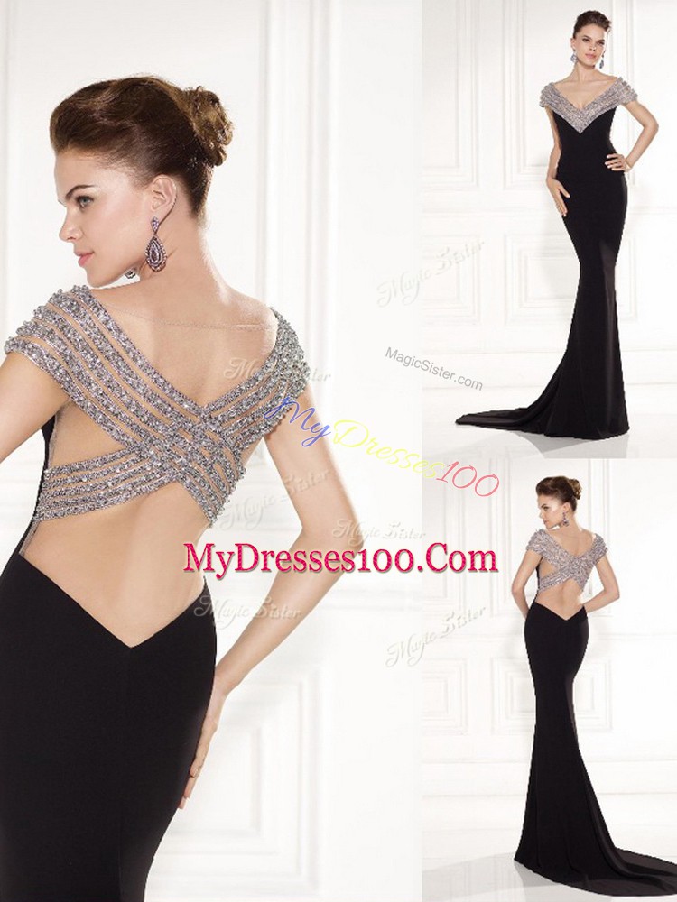 Brush Train Mermaid Dress for Prom Black V-neck Chiffon Sleeveless Backless