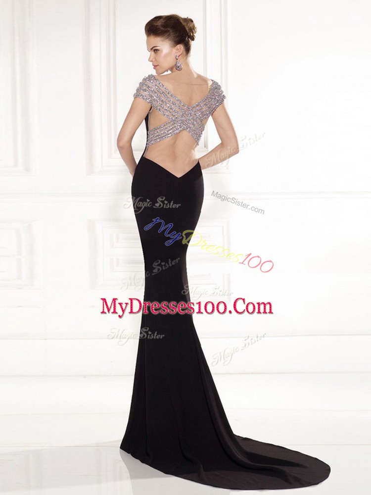 Brush Train Mermaid Dress for Prom Black V-neck Chiffon Sleeveless Backless