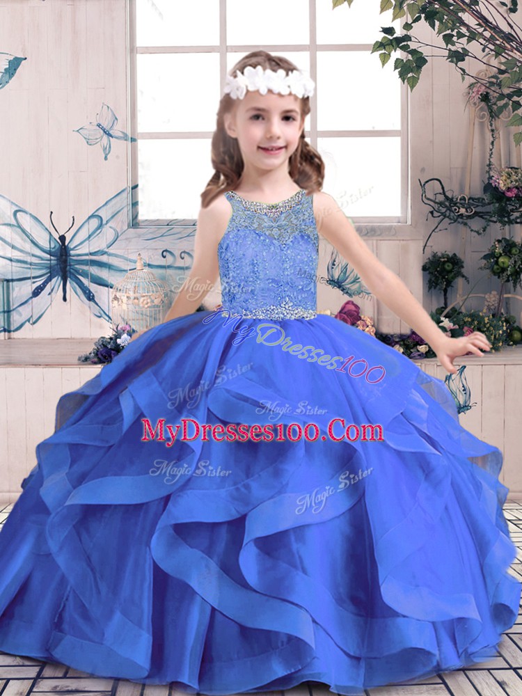 Lovely Floor Length Blue Glitz Pageant Dress Tulle Sleeveless Beading and Ruffles