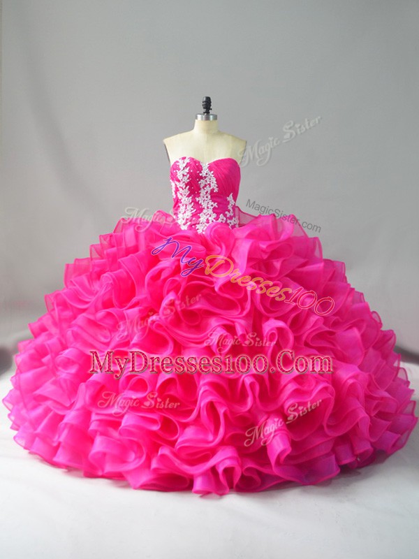 Sweetheart Sleeveless Organza Quinceanera Dress Appliques and Ruffles Lace Up