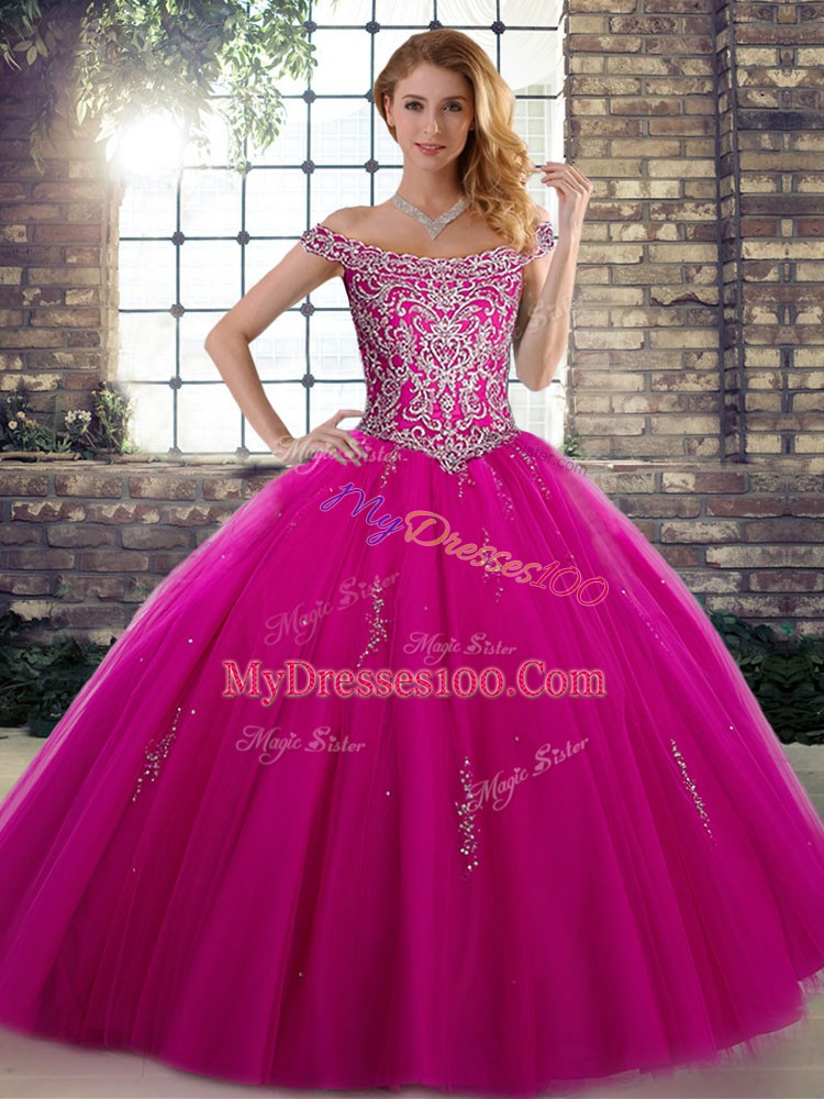 Off The Shoulder Sleeveless Lace Up Quinceanera Gowns Fuchsia Tulle