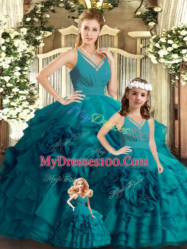 Adorable Teal Sleeveless Brush Train Ruffles Ball Gown Prom Dress