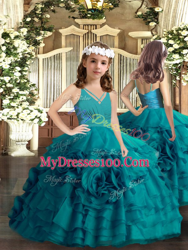 Adorable Teal Sleeveless Brush Train Ruffles Ball Gown Prom Dress