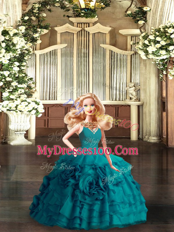 Adorable Teal Sleeveless Brush Train Ruffles Ball Gown Prom Dress