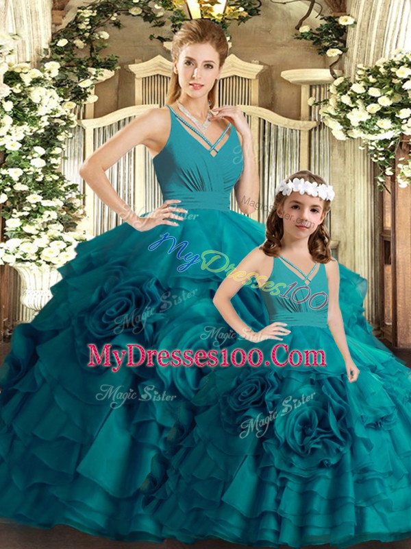 Adorable Teal Sleeveless Brush Train Ruffles Ball Gown Prom Dress