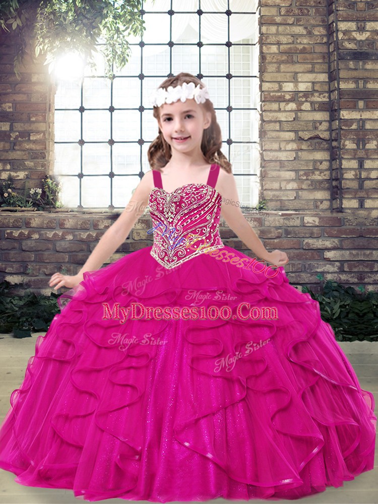 Fashionable Straps Sleeveless Tulle Pageant Gowns For Girls Beading Lace Up