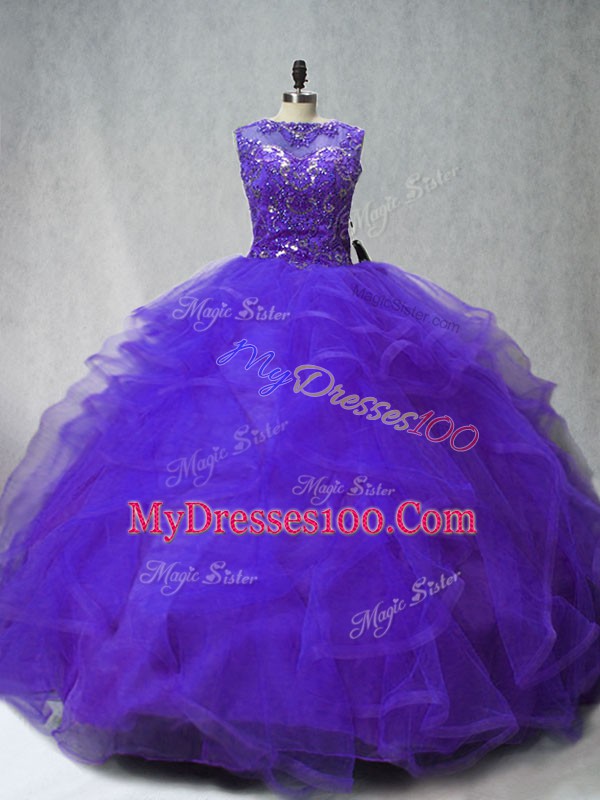 Purple Lace Up Ball Gown Prom Dress Beading and Ruffles Sleeveless Brush Train