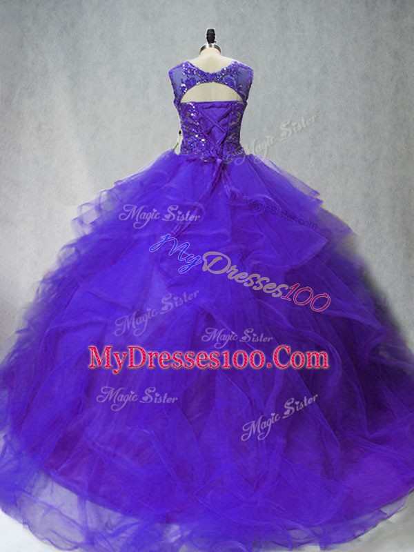 Purple Lace Up Ball Gown Prom Dress Beading and Ruffles Sleeveless Brush Train