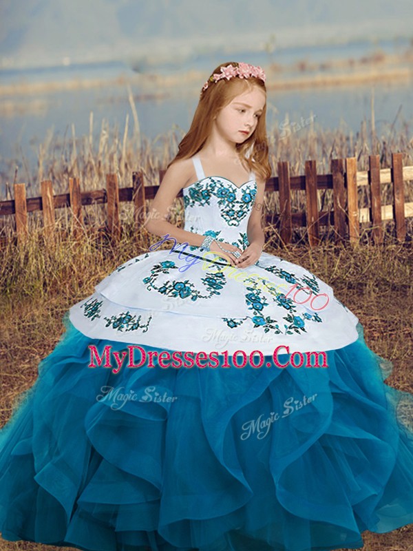 On Sale Ball Gowns Kids Formal Wear Blue Straps Sleeveless Floor Length Lace Up