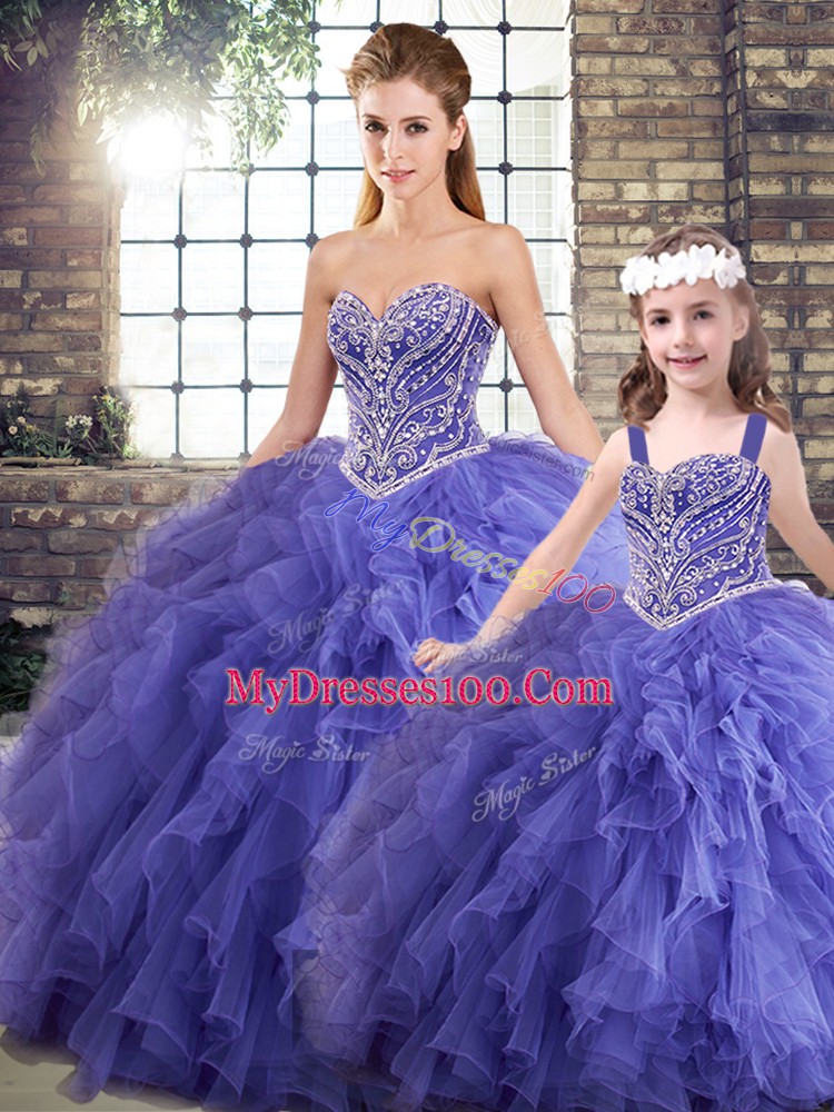 Tulle Sweetheart Sleeveless Lace Up Beading and Ruffles Vestidos de Quinceanera in Lavender