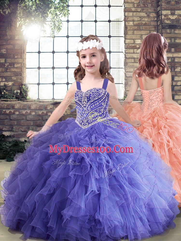 Tulle Sweetheart Sleeveless Lace Up Beading and Ruffles Vestidos de Quinceanera in Lavender