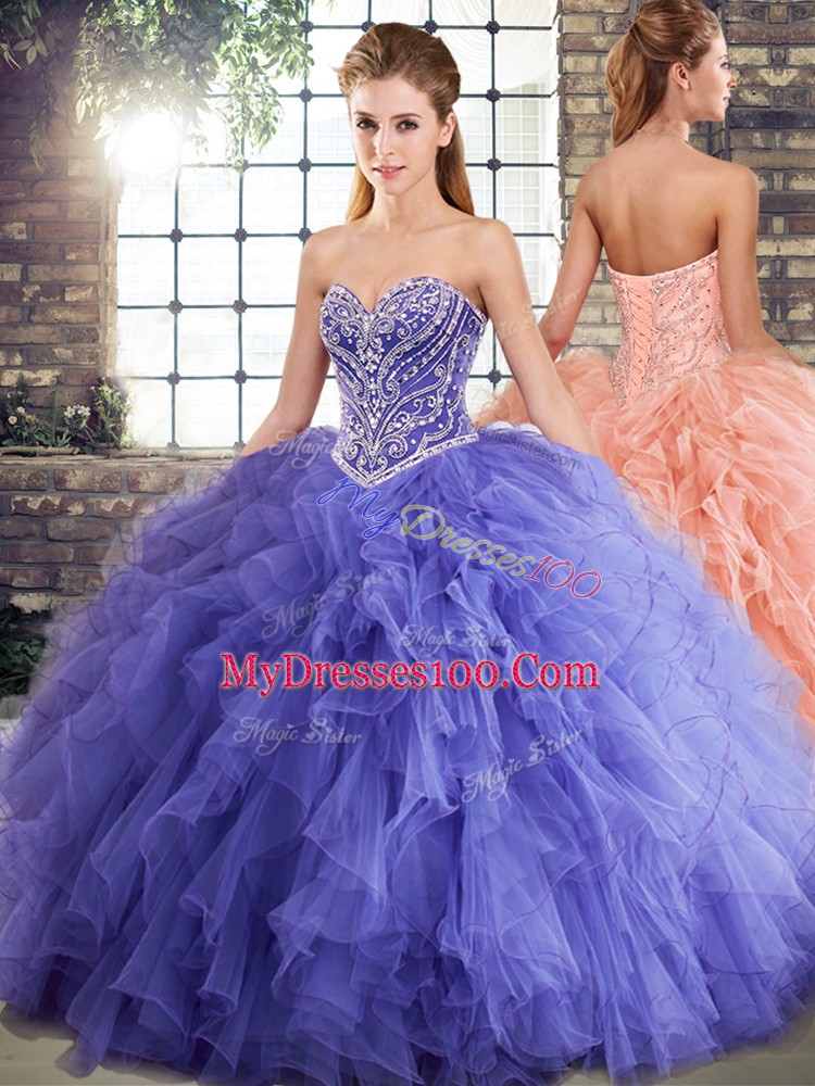 Tulle Sweetheart Sleeveless Lace Up Beading and Ruffles Vestidos de Quinceanera in Lavender