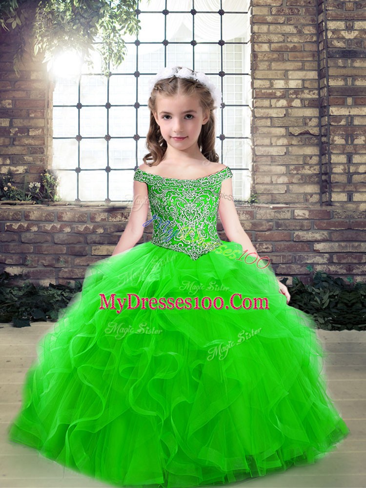 Perfect Green Tulle Lace Up Off The Shoulder Sleeveless Floor Length Child Pageant Dress Beading