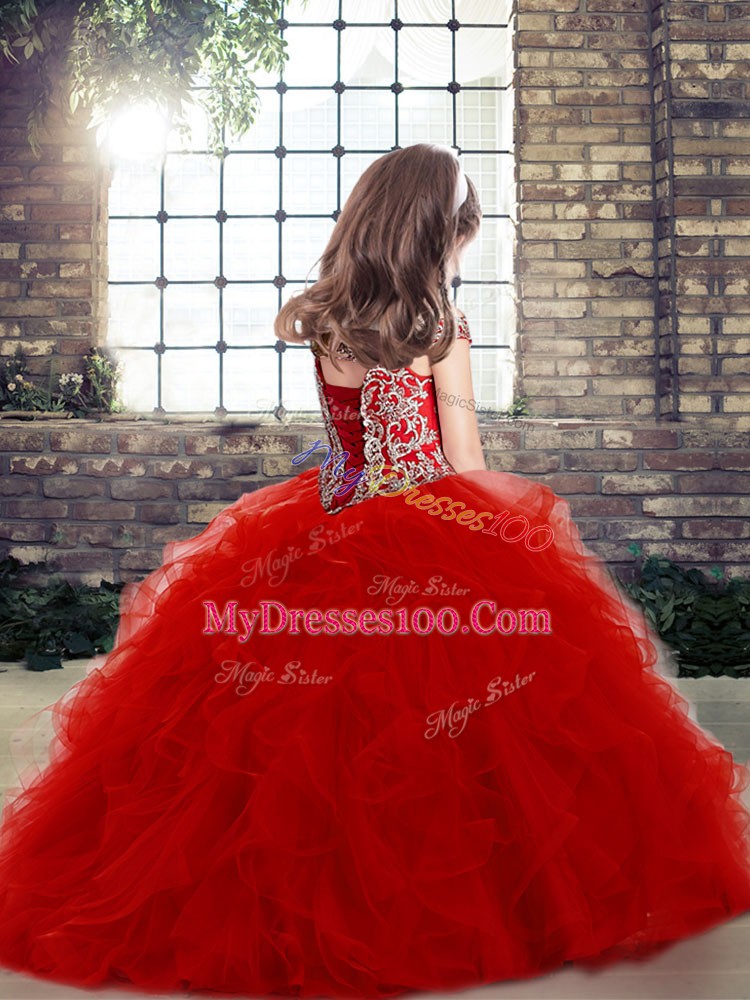Perfect Green Tulle Lace Up Off The Shoulder Sleeveless Floor Length Child Pageant Dress Beading