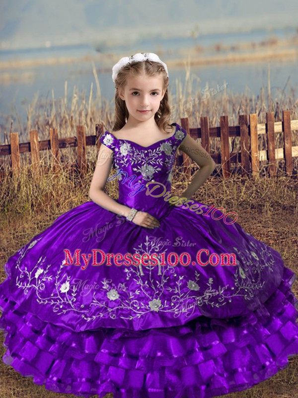 Excellent Purple Satin and Organza Lace Up Off The Shoulder Sleeveless Floor Length Evening Gowns Embroidery and Ruffled Layers