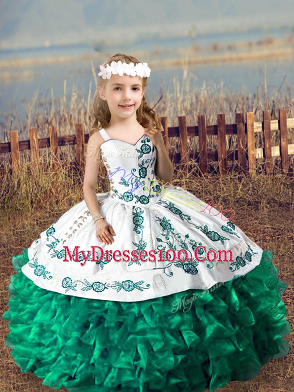 Straps Sleeveless Lace Up Little Girl Pageant Dress Dark Green Organza