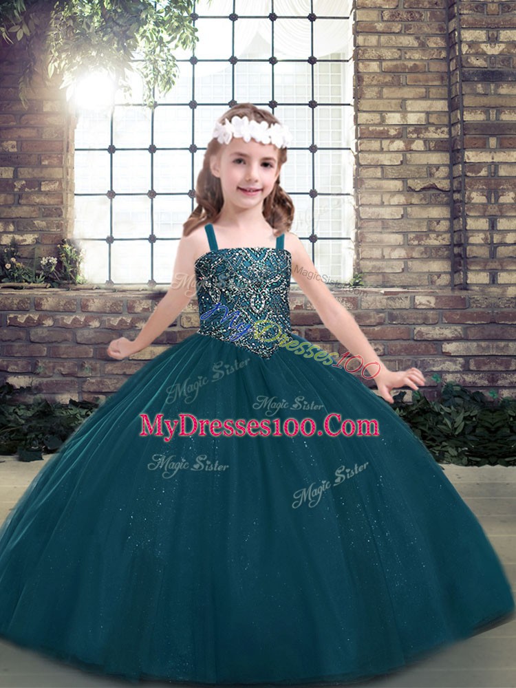 Best Long Sleeves Floor Length Beading Lace Up Pageant Dress Wholesale with Teal